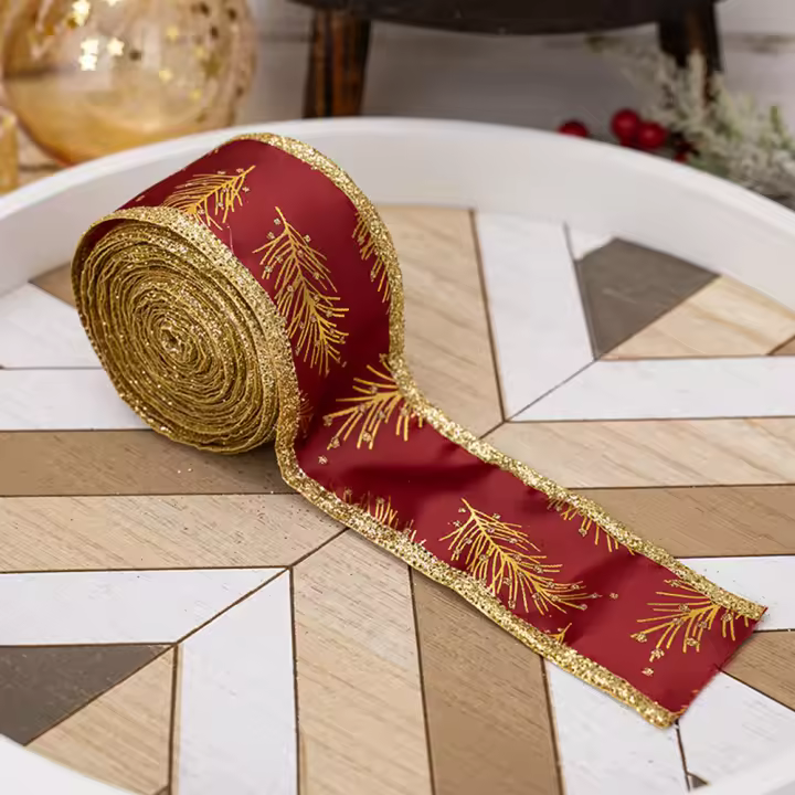 Cinta De Navidad Con Patrón De Hojas Doradas Doble Cara Para Regalos Artesanales Boda Fiesta Decoración De Casa 1 Pulgada X 500 Cm - 1