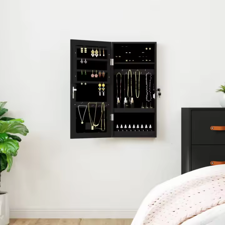 vidaXL Espejo con joyero y luces LED para pared negro - 1