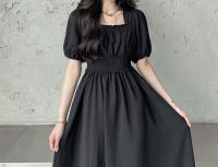 Vestido Midi Oscuro Vintage HOUZHOU Para Mujer Elegante Con Cuello Cuadrado Manga Flotante Sobredimensionado Casual De Verano - details 3