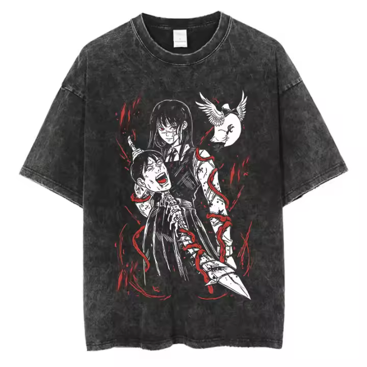 Camiseta Vintage Washed Chainsaw Man Anime Para Hombres Harajuku Oversize Tee Algodón Moda Streetwear Unisex Tops Ajustable - 1
