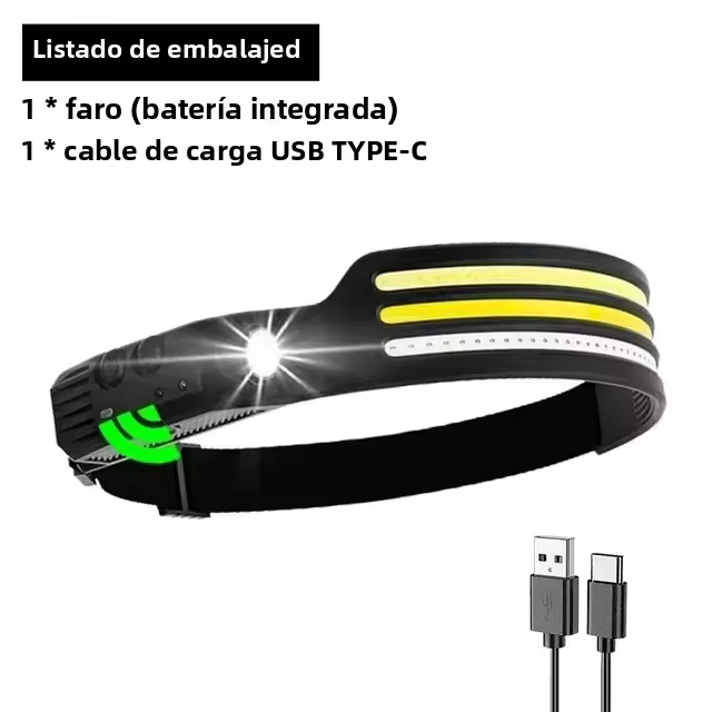 Linterna Frontal LED Con Sensor Y Batería De 1200mAh Recargable USB Impermeable Para Camping Pesca Y Actividades Al Aire Libre - 1