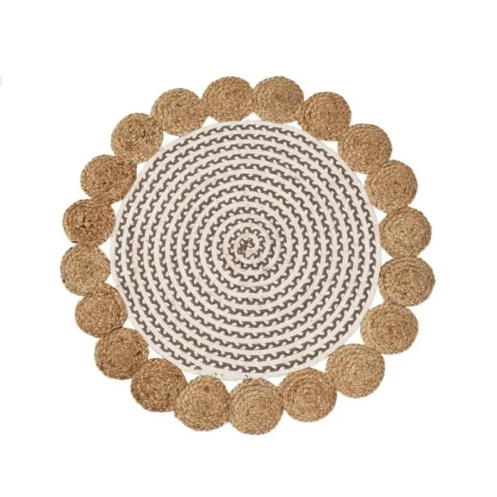 Dcasa Alfombra redonda trenzada con cenefa de círculos de yute blanca y natural de Ø 90 cm - 1