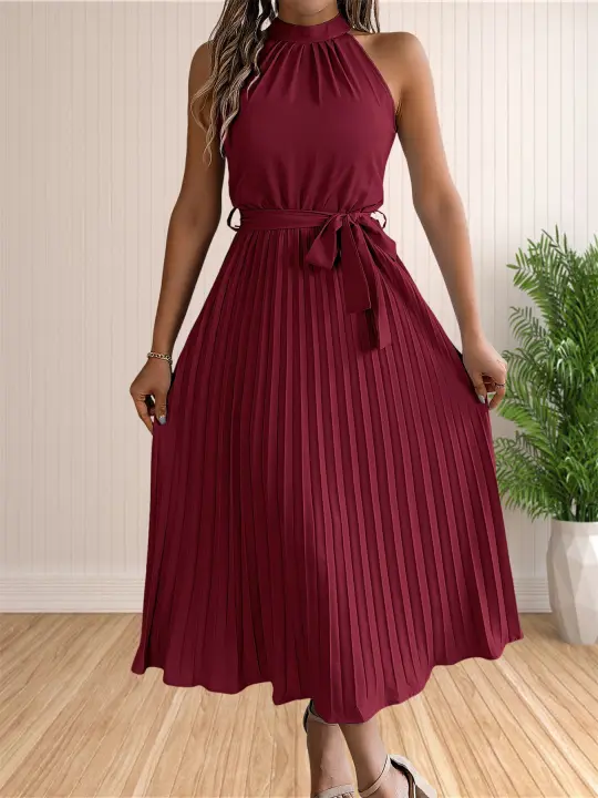 Vestido Midi De Fiesta Sin Mangas Para Mujer Verano 2024 Cuello Halterino Plisado A-line Vestido De Playa Con Cinturón Estilo Casual - 1