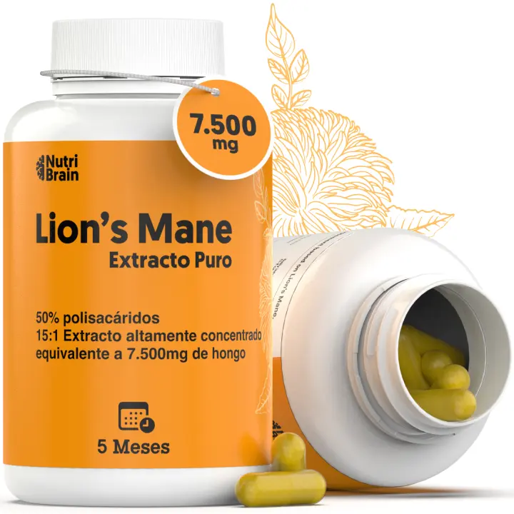 NUTRIBRAIN 140 caps Melena de León Pura 15:1 Ultraconcentrada 50%  Nootrópico Largo Plazo: Memoria, Concentración y Salud Cerebral  Bienestar Emocional y Gastrointestinal  100% Cuerpos Fructíferos 7500mg - 1