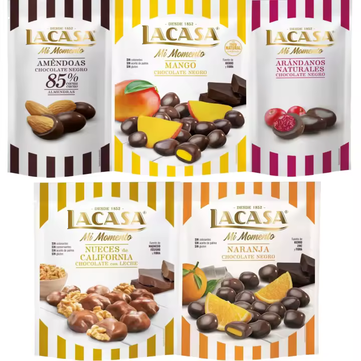 Lacasa Mi Momento pack de 5:Arándano choco Negro 60G,Almendra 85% 65G,Nueces Leche 115G,Naranja choco Negro 125G,Mango choco Negro 115G - 1