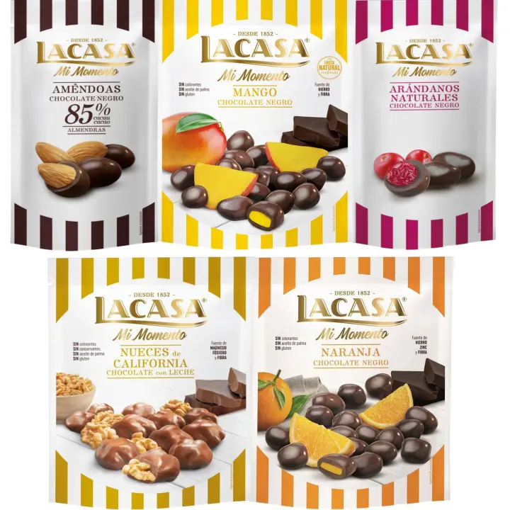 Lacasa Mi Momento pack de 5:Arándano choco Negro 60G,Almendra 85% 65G,Nueces Leche 115G,Naranja choco Negro 125G,Mango choco Negro 115G - 1