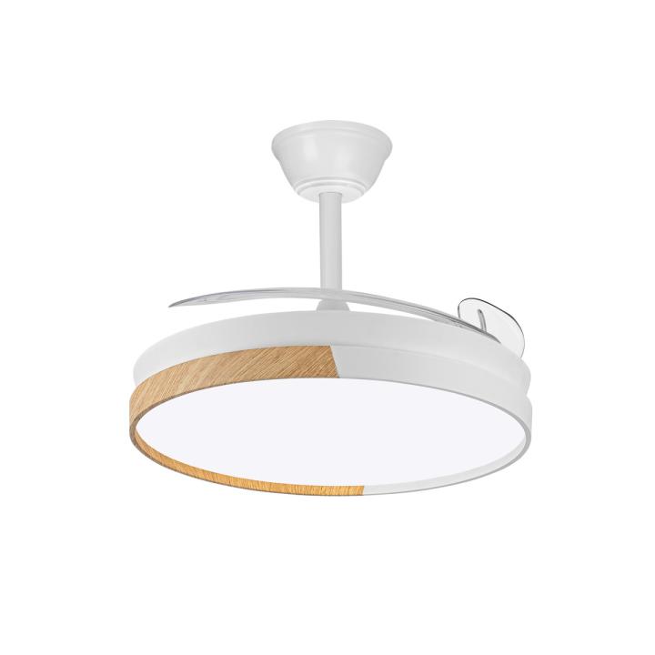 Ventilador de techo con luz led 45W modelo AMAPOLA con aspas retráctiles blanco/madera. Motor DC silencioso, Sistema CCT. Control remoto con temporizador, luz regulable en color e intensidad. Memoria, modo brisa y función invierno/verano