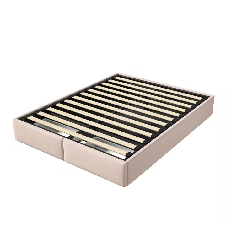 Cama tapizada 140x200 cm beige sin cabecero, estructura de plataforma con somier y 2 cajones de almacenamiento - 1