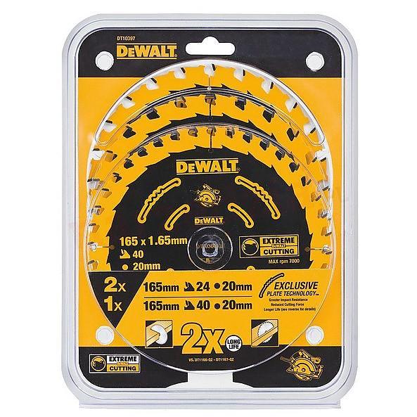 DeWalt DT10397-QZ, Juego de 3 hojas de sierra circular Elite, 2 x 24 dientes, 1 x 40 dientes, Diámetro de la hoja 165/20 mm, Ancho de corte: 1,65 mm, 18 ° , Dientes afilados de metal duro