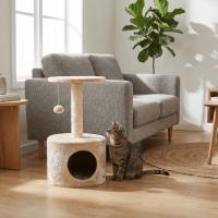 Casa Basics - Rascador para gatos KUCHI, Árbol para Gatos, Alto: 59 cm, 1 caseta, 1 Plataforma Mirador, 1 pompon, Negro/Gris/Beige - details 6