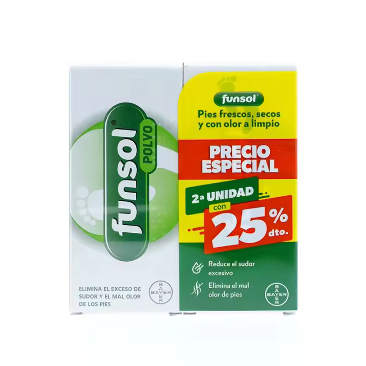 Bayer FUNSOL POLVO DUPLO 2X60G 2ª UND 25% - Desodorante de Pies para Combatir el Exceso de Sudor y Mal Olor - 1