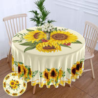 Mantel Redondo De Poliéster Impermeable Con Borde De Cuadrícula Y Pintura De Girasol 63 Pulgadas Estilo Bohemio Para Mesa De Comedor - details 1