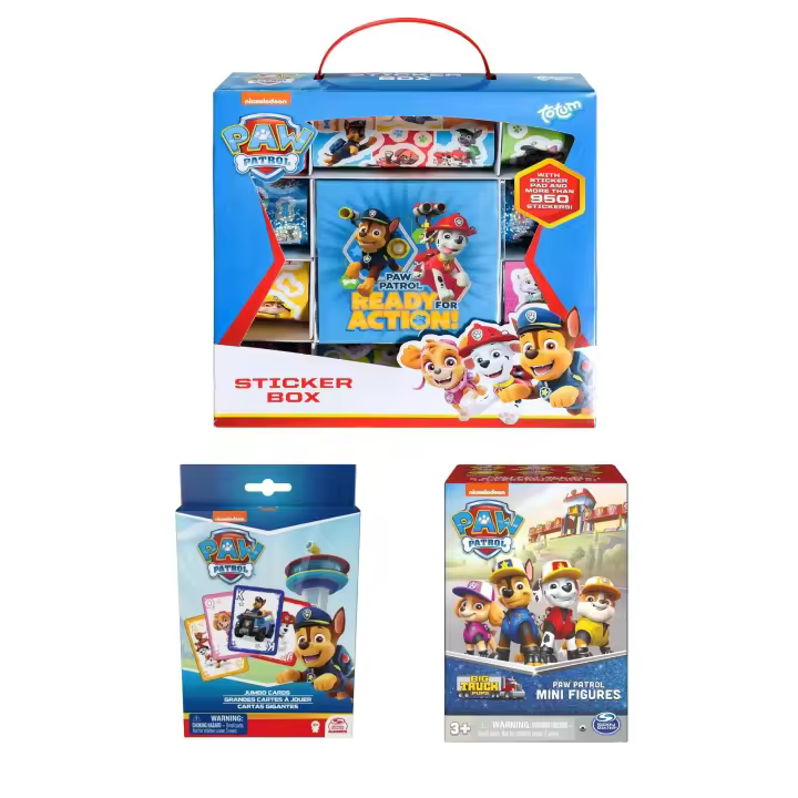 PACK LA PATRULLA CANINA 3 UNIDADES - PACK PAW PATROL - Incluye: Colección de 500 Pegatinas + 54 Cartas Gigantes + Minifigura Aleatoria Coleccionable - Mayores de 3 años - Spin Master - 1