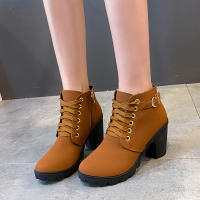 Botas De Tacón Alto Para Mujer 2023 Primavera Invierno Calidad Superior Con Cordones Modernas Europeanas PU Botines De Tacón Con Entrega Rápida - details 4