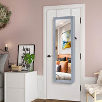 Espejo joyero con armario y luz led, montaje en puerta o pared, con cerradura, 2 cajones, organizador elegante de joyería en gris o marrón rústico, perfecto para dormitorio y habitación - details 2