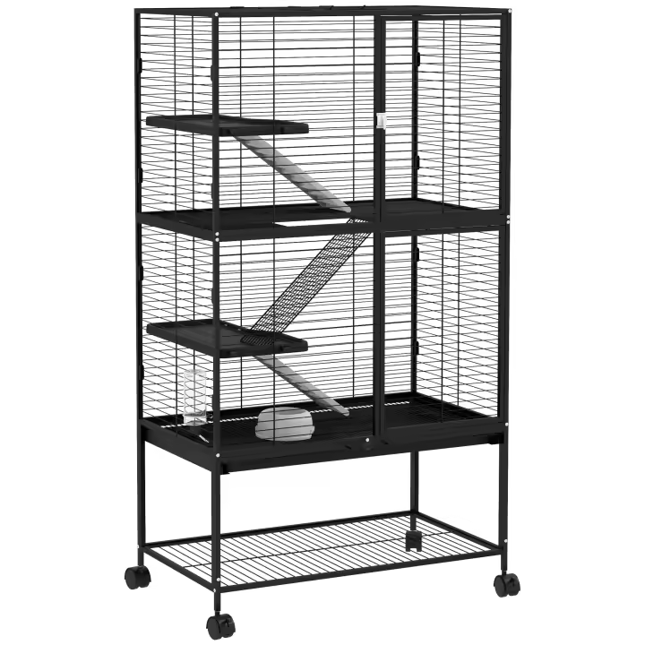 PawHut Jaula para Animales Pequeños de 4 Niveles Parque para Mascotas con Ruedas Rampa Cuenco Botella de Agua y Bandeja Extraíble Recinto para Conejos Chinchillas Hurones 78x45,5x136 cm Negro - 1