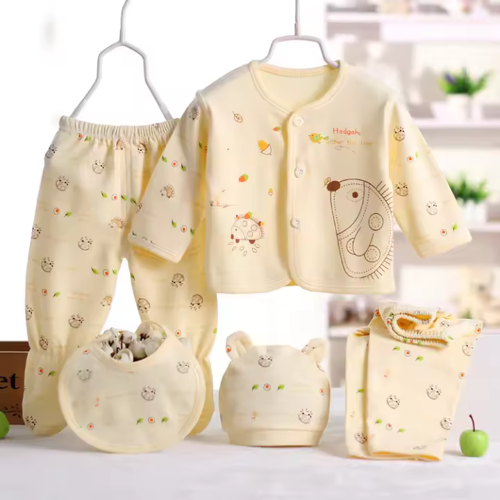Conjunto De Bebé Recién Nasido 5 Piezas Camiseta 2 Pantalones Gorro Y Bata De Algagón Puro Transpirable Ropa De Bebé Niño Y Niña Estilo Casual Cuatro Estaciones - 1