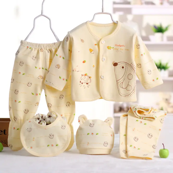 Conjunto De Bebé Recién Nasido 5 Piezas Camiseta 2 Pantalones Gorro Y Bata De Algagón Puro Transpirable Ropa De Bebé Niño Y Niña Estilo Casual Cuatro Estaciones - 1
