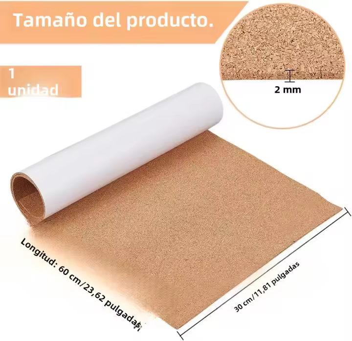Papel De Goma De Cork Adhesivo De 2mm Para Tablones De Anuncios Coasters Y Carteles De Puerta Medidas 12x24 Pulgadas - 1