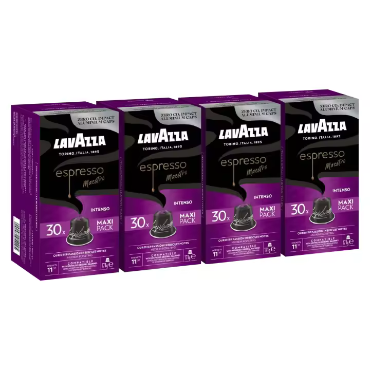 Lavazza, Espresso Maestro Intenso, 120 Cápsulas de Café Compatibles con Máquinas Nespresso Original, con Notas de Galletas, Arábica y Robusta, Intensidad 11/13, Tueste Medio, 4 Paquetes de 30 Cápsulas - 1