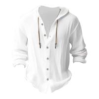 Camisa Casual Para Hombre De Color Sólido Con Capucha Y Cuerda Ajustable De Algodón Y Lino Estilo High Street Top Versátil Para El Día - details 7