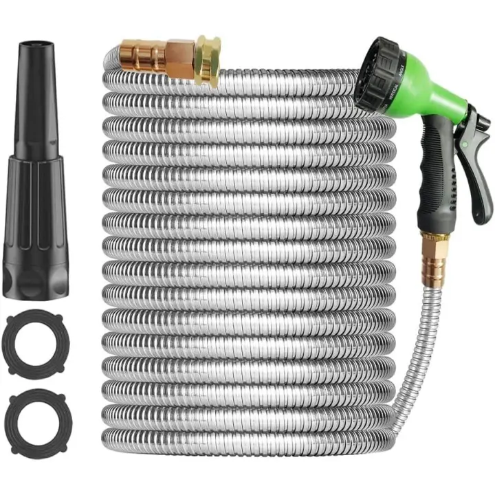 SOMY Manguera de agua de metal de 15 m - Manguera de agua de acero inoxidable con 2 boquillas, liviana, sin enredos y sin enredos, resistente, alta presión, flexible, resistente a perros, manguera de agua portátil para exteriores - 1