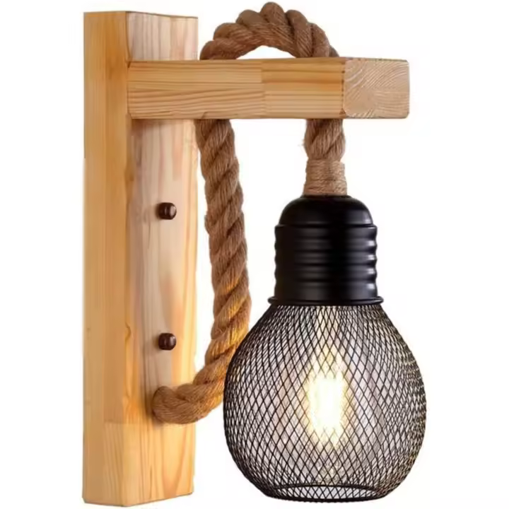 Lámpara de pared de Madera rústico vintage, Pantalla de metal Negro, E27, Cuerda de cáñamo, para dormitorio y Sala de estar (sin bombilla). - 1