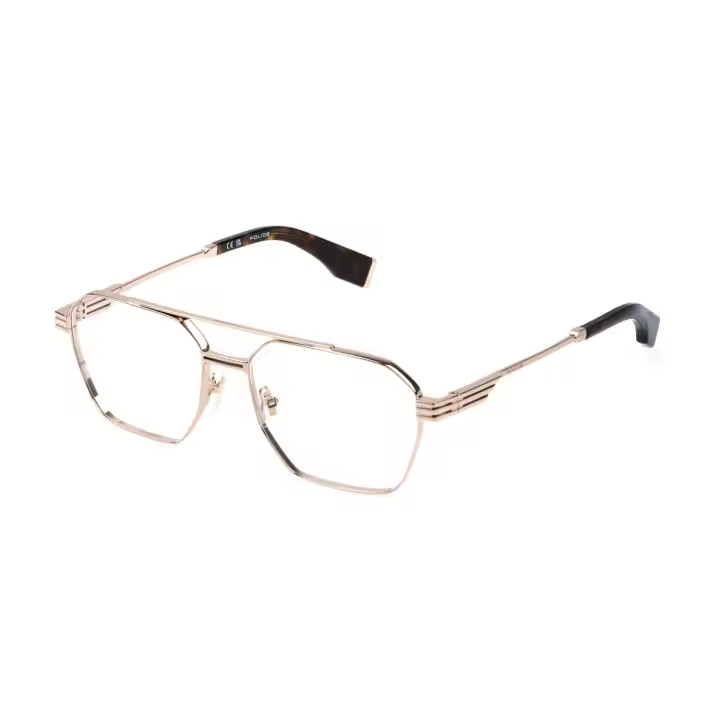 MONTURA HOMBRE POLICE VPLQ76 MERCURY 3 COL0300 58-16  Montura Metal Dorado   Terminales Acetado Habana   Doble Puente   Borde Completo  Forma Hexagonal  - 1