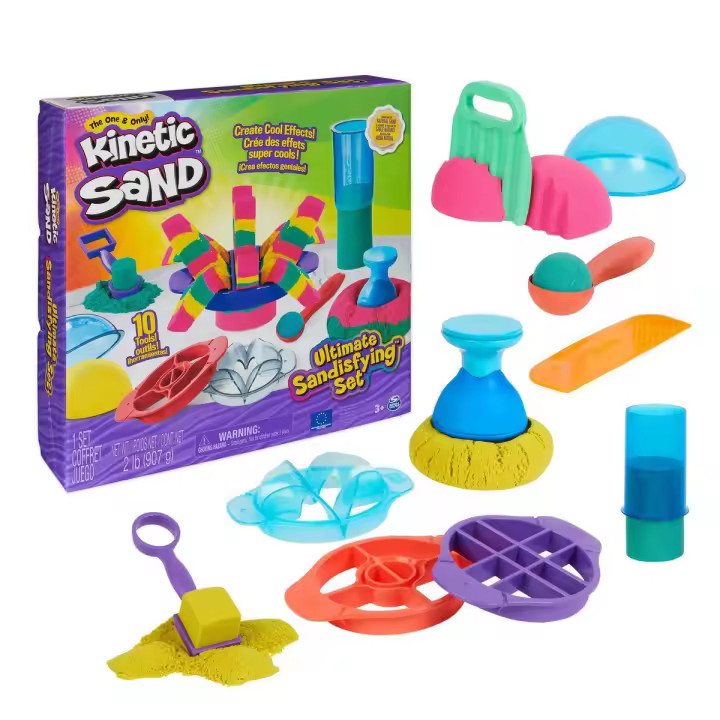 SPIN MASTER - KINETIC SAND - ARENA MÁGICA - ULTIMATE SANDISFYING - 907g de Arena Rosa, Amarilla y Azul - Moldes y Herramientas - Kit Manualidades Niños Juguetes Sensoriales - 6067345 - Juguetes Niños 7 Años + - 1