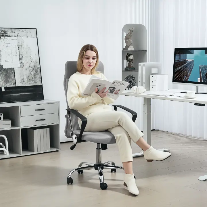 HOMCOM Silla de Oficina de Malla Silla de Escritorio Giratoria con Altura Ajustable Función Basculante Respaldo y Asiento Transpirable Carga 120 kg para Estudio Gris Claro - 1