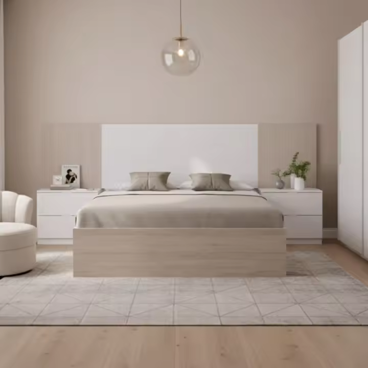Conjunto de dormitorio Loma cabecero + 2 mesitas + aro blanco/natural 96x259x195 cm - 1