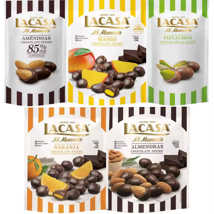 Lacasa Mi Momento pack de 5:Pistacho Chocolate Leche,Almendra 85% ,Almendra Chocolate Negro ,Naranja Chocolate Negro ,Mango Chocolate Negro - 1