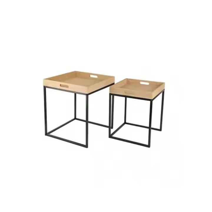 BLOOM STORE-Mesas Auxiliares para Salón Mesas Nidos de 2 Piezas,Exquisita Mesa Auxiliar Industrial, Mesa Baja Cuadrada, Mesa Auxiliar para Sofá con Tapa De Madera, Mesa Central para Sala De Estar Y Dormitorio, - 1