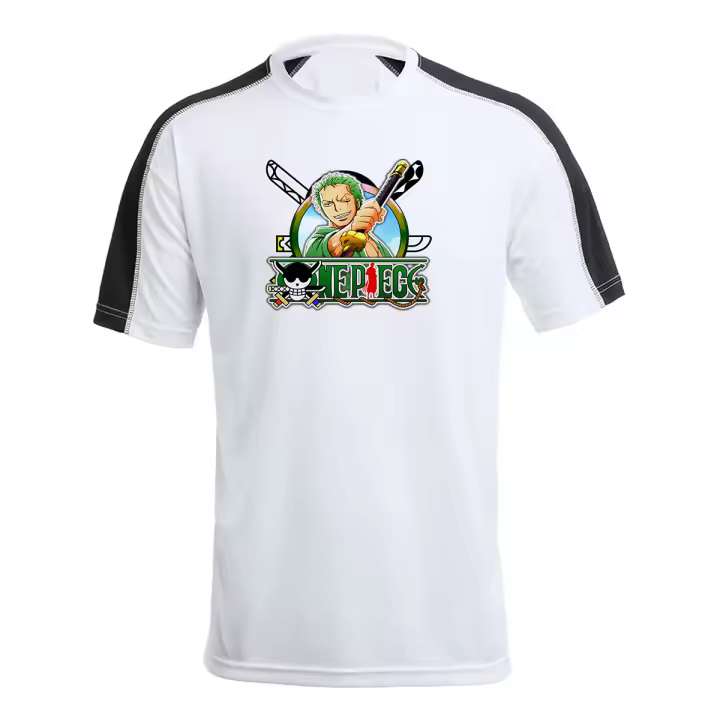 MERCHANDMANIA CAMISETA TÉCNICA FRANJA MANGAS NEGRA logo jolly roger one piece Zoro Roronoa espadachin tshirt - 1