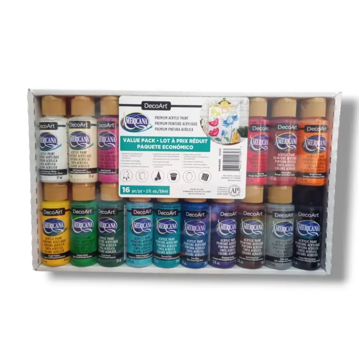 DecoArt Americana - Paquete económico de 16 pintura acrílica, Envió Gratis. DASK429 de 16 unidades, 2 Oz 59ml. Ideal para iniciación a la pintura decorativa. Se adhiere en lienzo, madera, cartón, escayola, terracota y todo tipo de superficies. Deco Art - 1