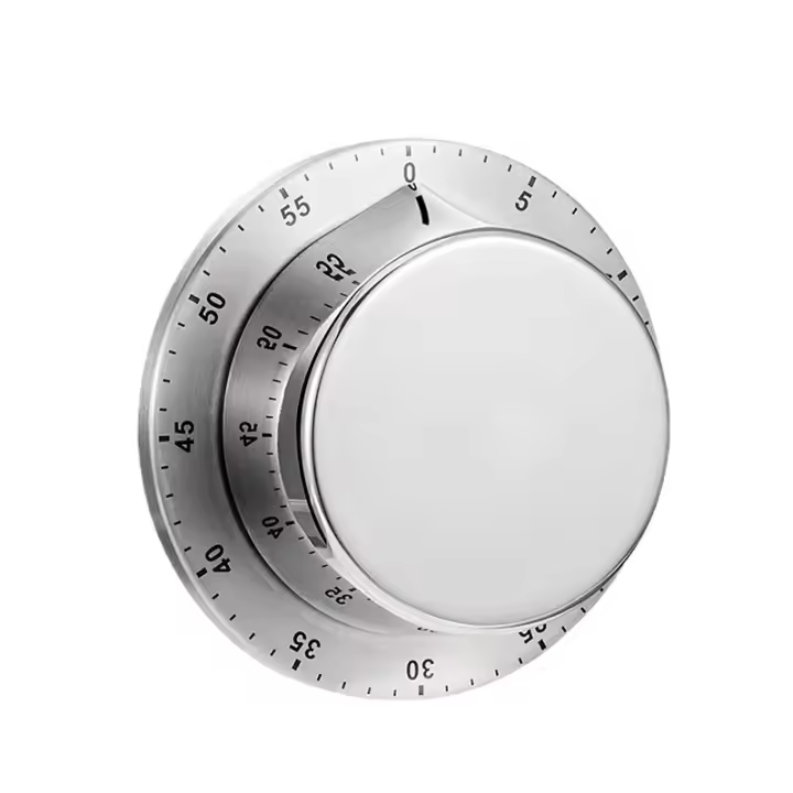 Temporizador de cocina mecánico con base magnética, reloj de cocina de 60 minutos, temporizador de cocina con alarma de sonido, acero inoxidable, palo en el refrigerador, Plata - 1
