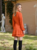 Vestido Mini A-Line De Mujer Con Mangas Larguísimas Y Cuello En V Abierta Largo Con Volantes Y Cinturón Natural Estilo Casual - details 4