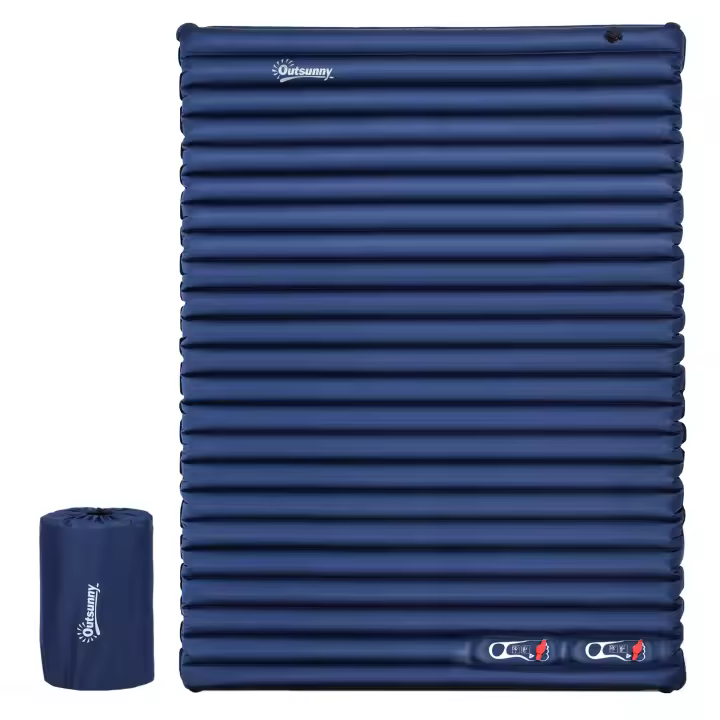 Outsunny Colchón Hinchable, Cama Hinchable, Colchón de Camping, Colchoneta para Dormir, Plástico, Pongee de Poliéster, Azul Marino, 195 x 138 x 10 cm - 1