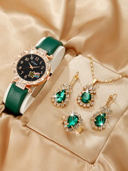 Reloj De Cuarzo Para Mujer Con Cinturón De Dibujos Animados Joyería De Moda Simplicidad Collar Con Diamantes Aretes Y Anillo Pack De 5 Piezas - 1