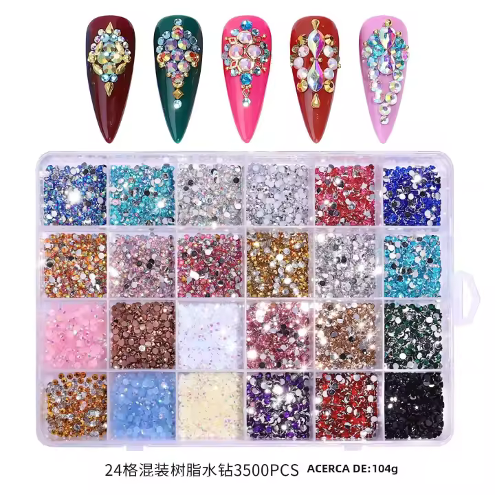 Kit De 3500 Piezas De Rhinestones De Colores Y Brillo Para Uñas Con Fondo Plano Resina Redonda Accesorios Para Decoración De Arte De Uñas DIY - 1