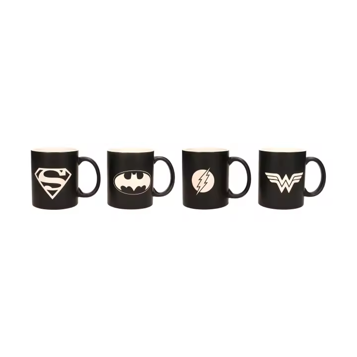 SD TOYS Tazas Logos Jla B/n Set 4 Tazas Grabado Laser Ceramica Universo Dc Edición Limitada - 1