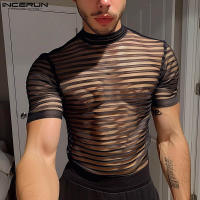 Camiseta De Hombre INCERUN Verano Manga Corta Cuello Redondo Malla Rayada Talla Oversize Ropa Casual Para Todo El Año - details 1