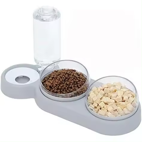 Cuenco de gato doble levantado, 15 ° inclinación anti-vómitos cuenco de gato 3 en 1 automático de almacenamiento de agua para mascotas, disponible para gatos y cachorros (gris) - 1