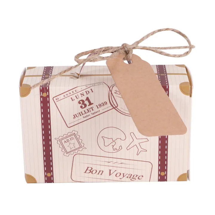 Mini maleta de papel Kraft Vintage con etiquetas y cuerda para recuerdo de fiesta, caja de dulces con temática de boda y viaje, 50 piezas - 1