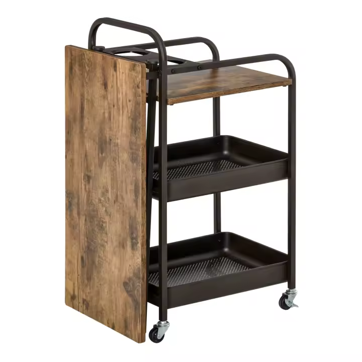 HOMCOM Carro de Cocina con Ruedas Carrito Auxiliar con Estantes de 3 Niveles Hoja Abatible y 2 Portavasos Multiusos para Comedor 118x36,5x82 cm Marrón Rústico - 1
