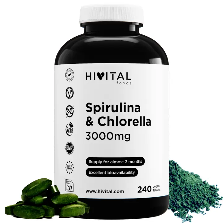 Espirulina y Chlorella 3000 mg | 240 comprimidos veganos. Hivital - 1