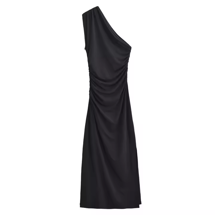 High Street Women Side Ruched Hem Slit Sleeveless Asymmetric Long Dress Black Sexy Maxi Vestidos - 1