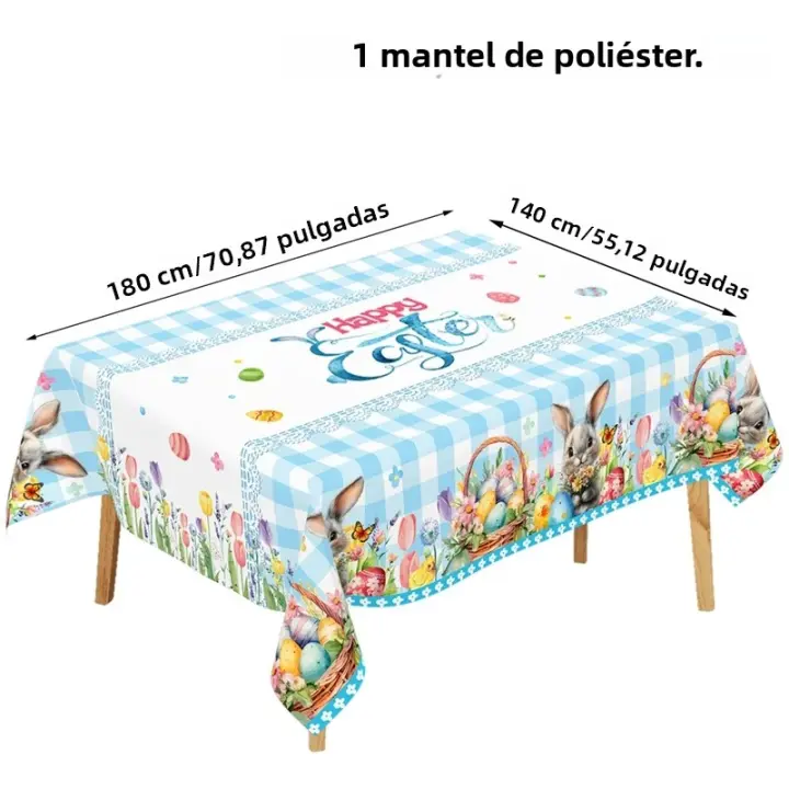 Mantel De Pascua De Poliéster Con Diseño De Conejo Huesos Y Flores Cubierta De Mesa Para Decoración Feliz De Pascua Para Cocina Y Comedor Del Hogar - 1