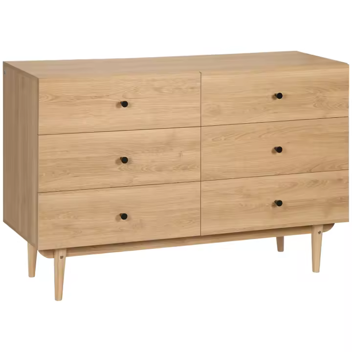HOMCOM Cómoda 6 cajones mueble de almacenaje patas madera maciza 120x40x80 cm color madera - 1