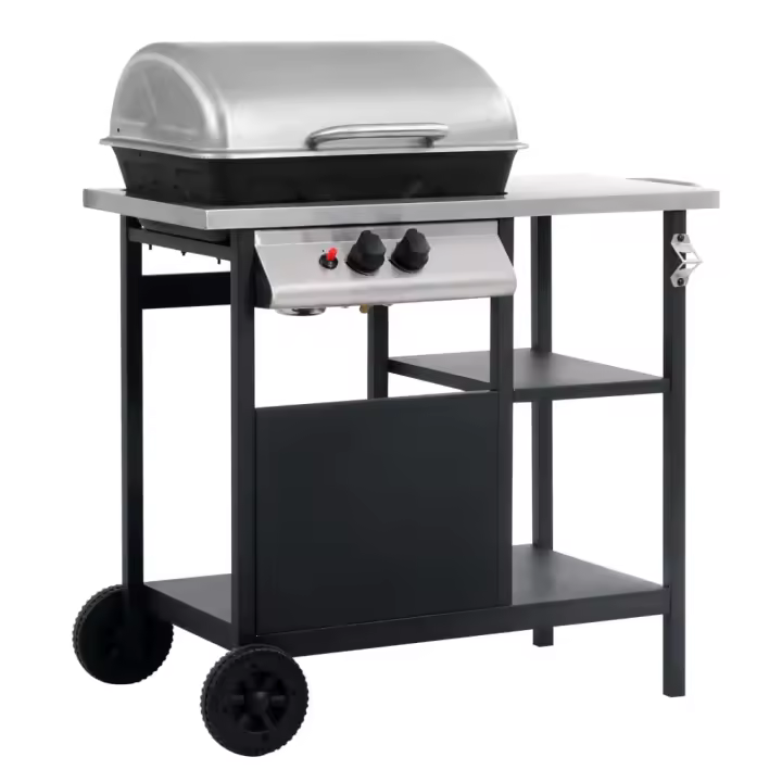 Barbacoa portátil de gas con mesita 3 estantes negro y plateado - 1